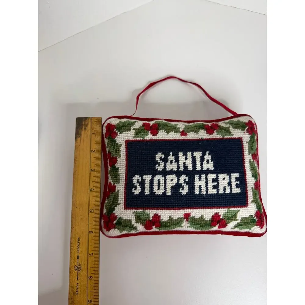 Christmas Santa Stops Here Handing Needlepoint Pillow